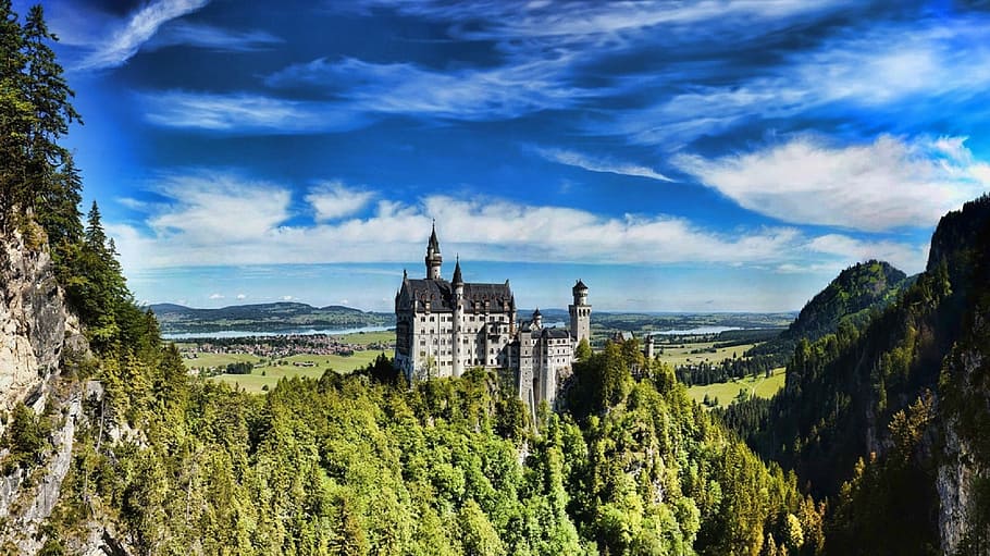 neuschwanstein castle, daytime, neuschwanstein, castle, bavaria, baroque, nineteenth-century, romanesque revival, palace, hohenschwangau