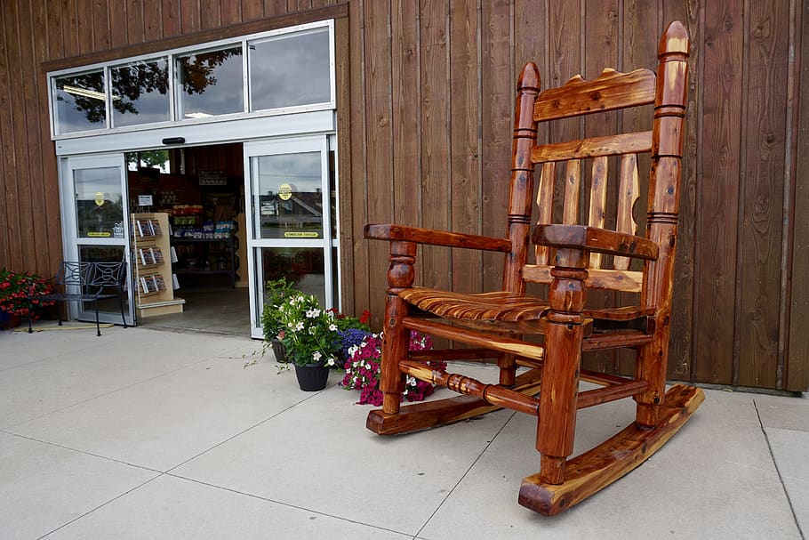 rocking chair, store front, rocker, plants, plant shop, farm shop, wooden, display, sale, chair