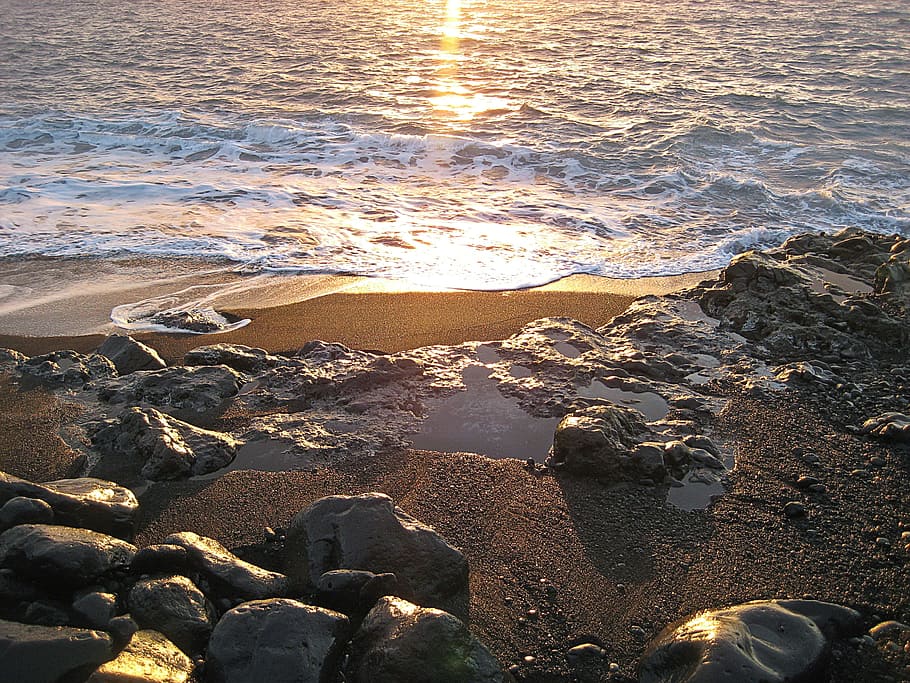 Sea, Beach, Rocks, Sunset, sea, beach, canary islands, sand, edge of the sea, reflection, water