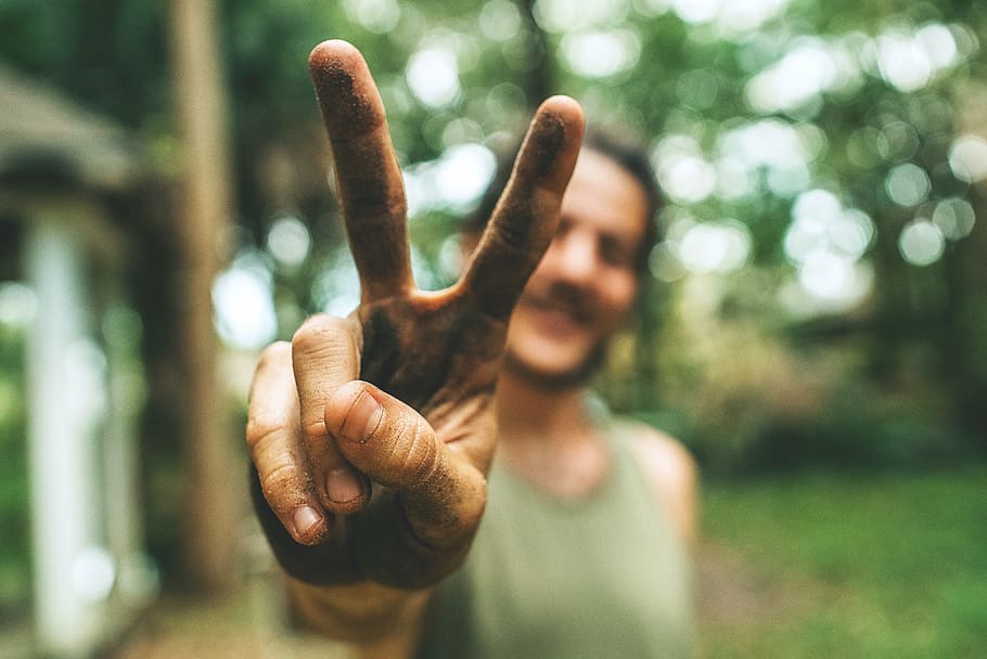 man, peace hand sign, people, guy, hand, finger, outdoor, nature, bokeh, blur
