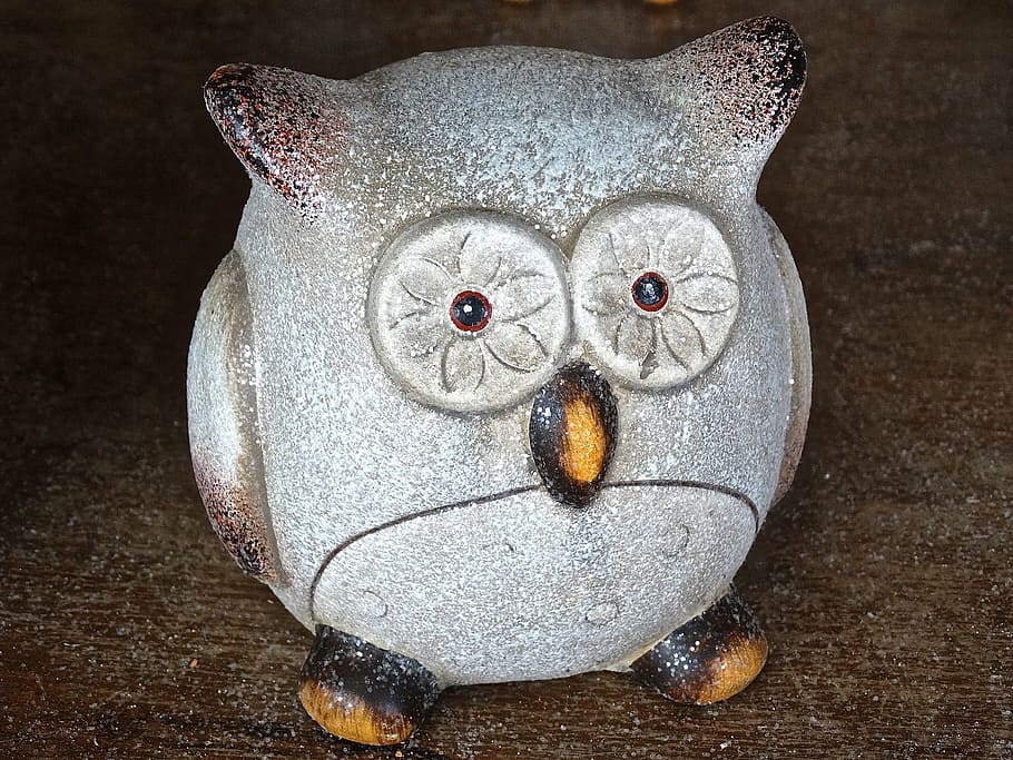 owl, clay figure, ceramic, eyes, animal, animal representation, representation, close-up, still life, indoors