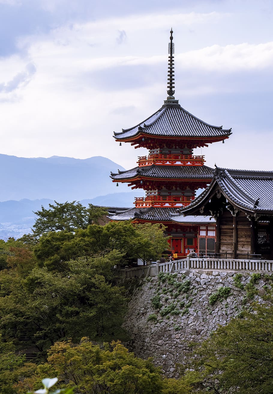 japan, asia, temple, kyoto, landmark, pagoda, kiyumizu, built structure, architecture, tree