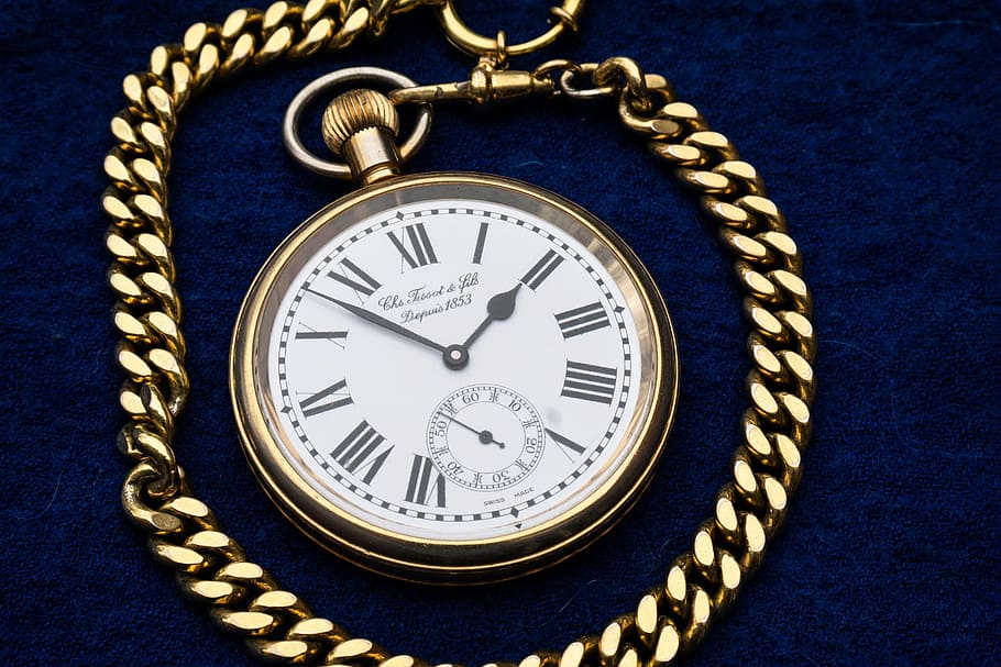 round, white, analog pocket, watch, gold-colored frame, blue, textile, clock, pocket watch, gold