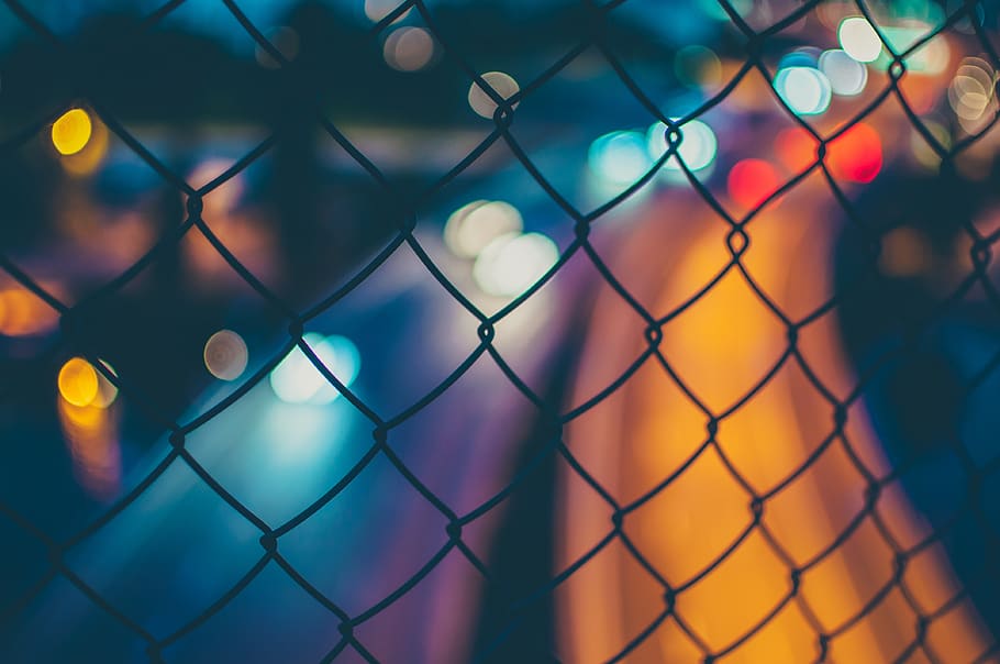 dark, night, wire, light, bokeh, chainlink fence, fence, barrier, security, boundary