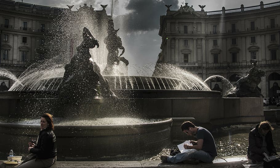 rome, sunset, raking light, water, fontana, square exedra, fountain, people, famous Place, architecture