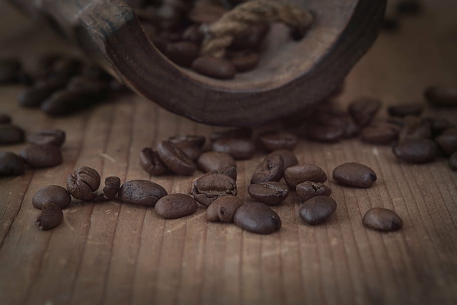 kopi, biji kopi, coklat, gelap, produk alami, panggang, kafein, kering, kayu, tutup