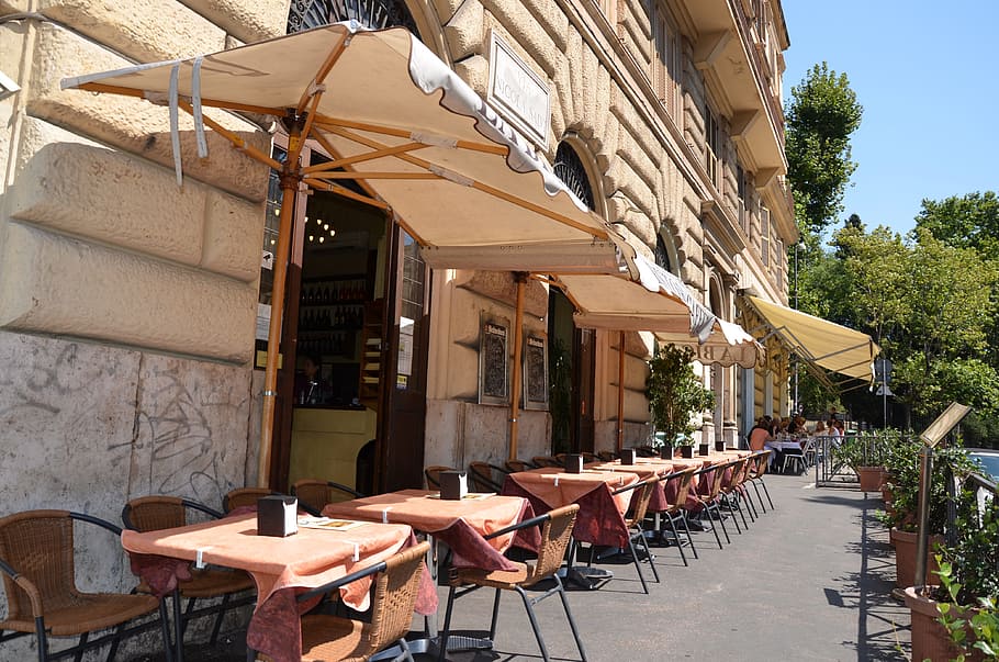 offset, umbrellas, front, concrete, structure, restaurant, coffee shop, cafe, business, rome