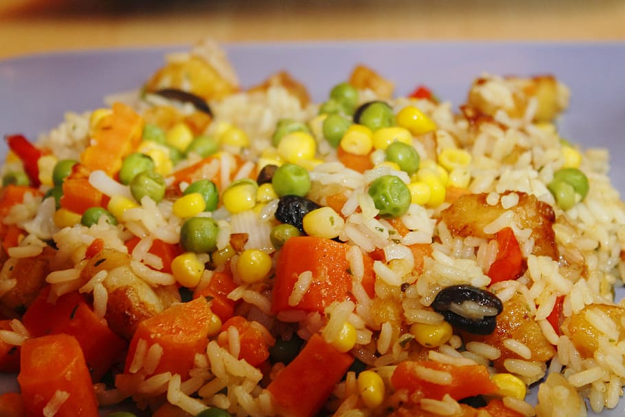 macro photography, mix vegetable, fried, rice, vegetables, rice ladle, carrots, eat, nutrition, delicious