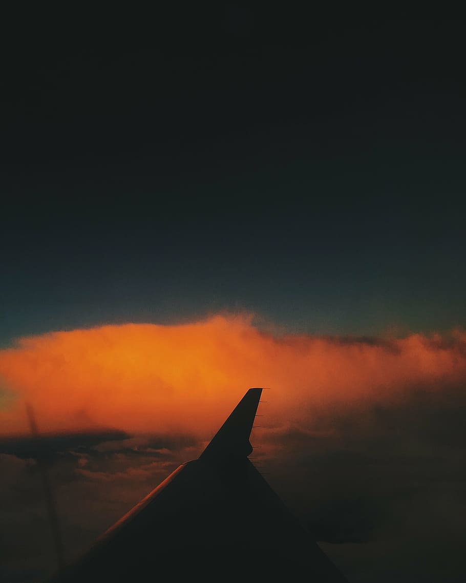 airplane wings, sunset, sky, wings, airplane, trip, clouds, silhouette, dark, orange