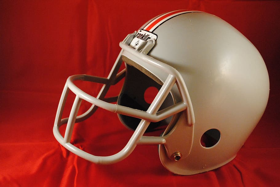 gray, red, football helmet, textile, football, helmet, sport, american, equipment, game