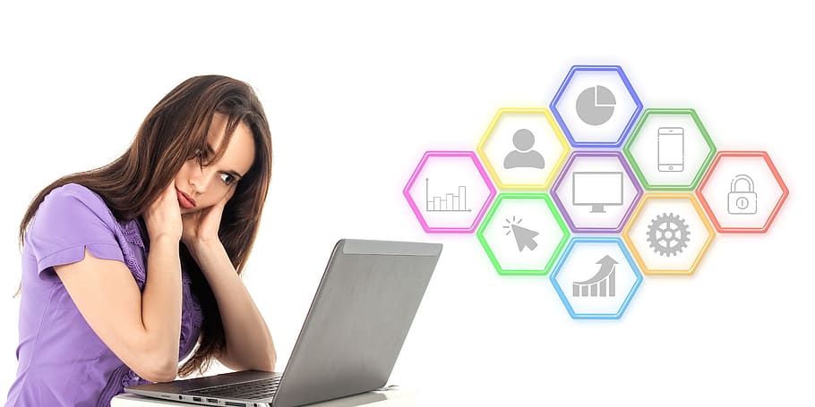 digital, marketing, seo, thinking, laptop, woman, difficult, strategy, communication, analytics