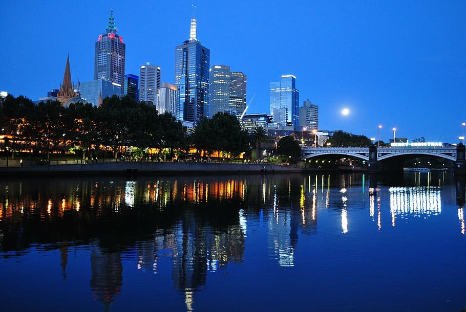 calm, body, water, city, nighttime, melbourne, australia, skyline, downtown, architecture