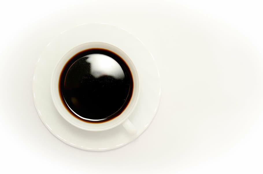 black, beverage, filled, white, ceramic, cup, top, round, saucer, a cup of coffee