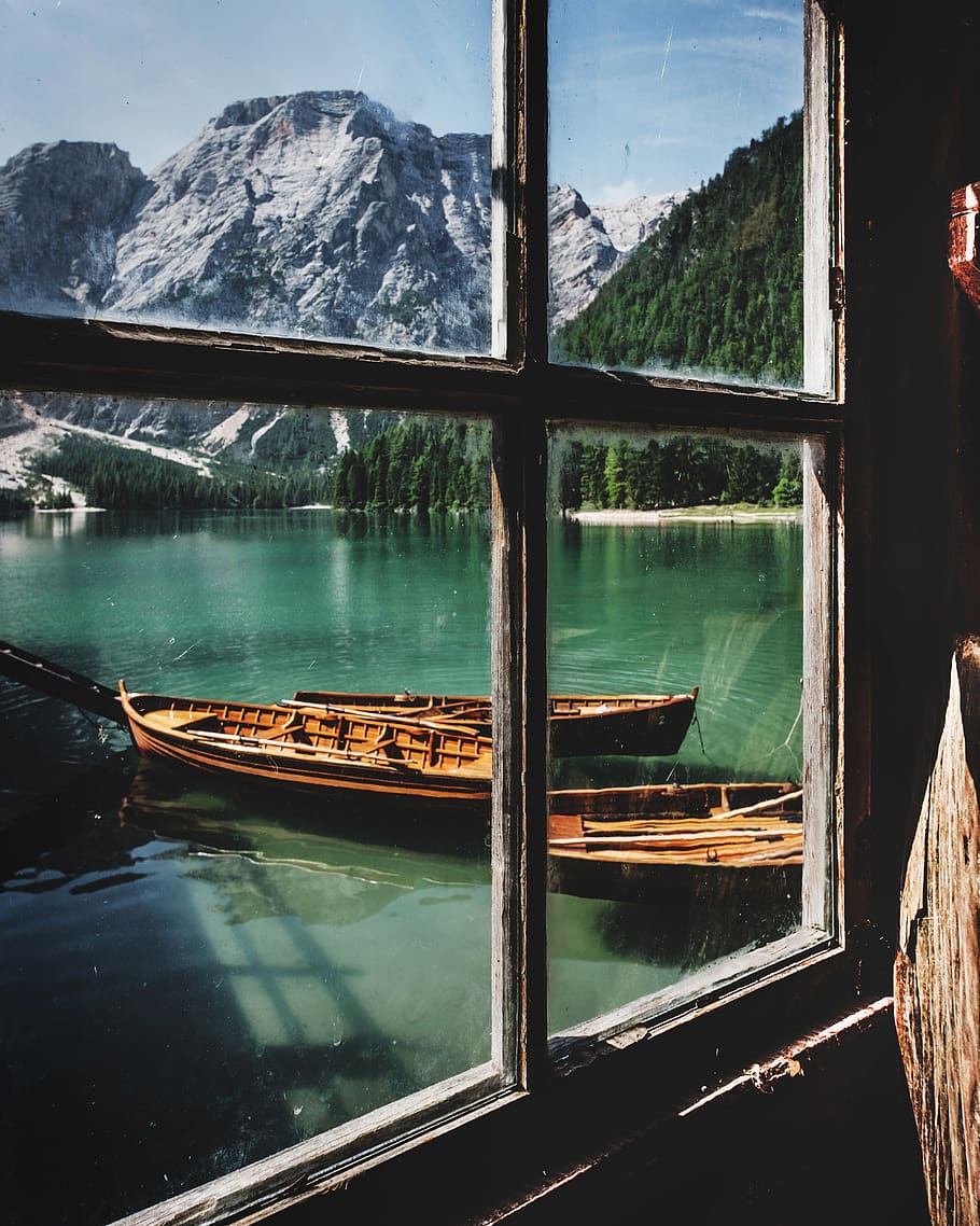lake, water, wooden, boat, outdoor, window, glass, frame, sunny, day