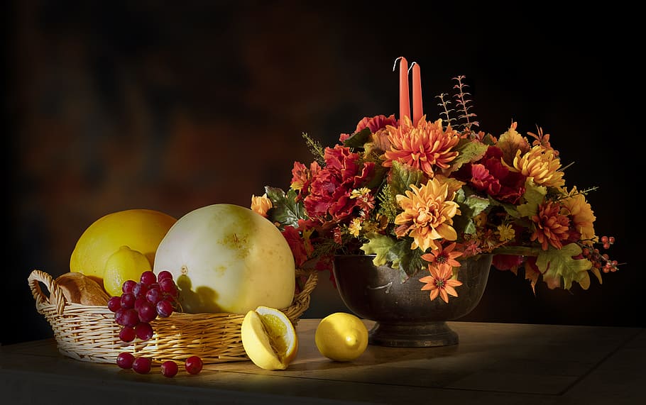orange, red, flowers centerpiece, basket, fruits, still, life painting, flowers, candle, lemon