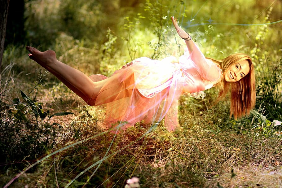 woman, wearing, white, dress, floating, grass, girl, levitation, magic, pink