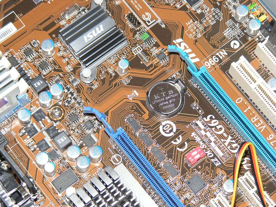 クローズアップ写真, 青, 茶色, コンピューターのマザーボード, コンピューター, マザーボード, メインボード, ハードウェア, プロセッサー, チップ