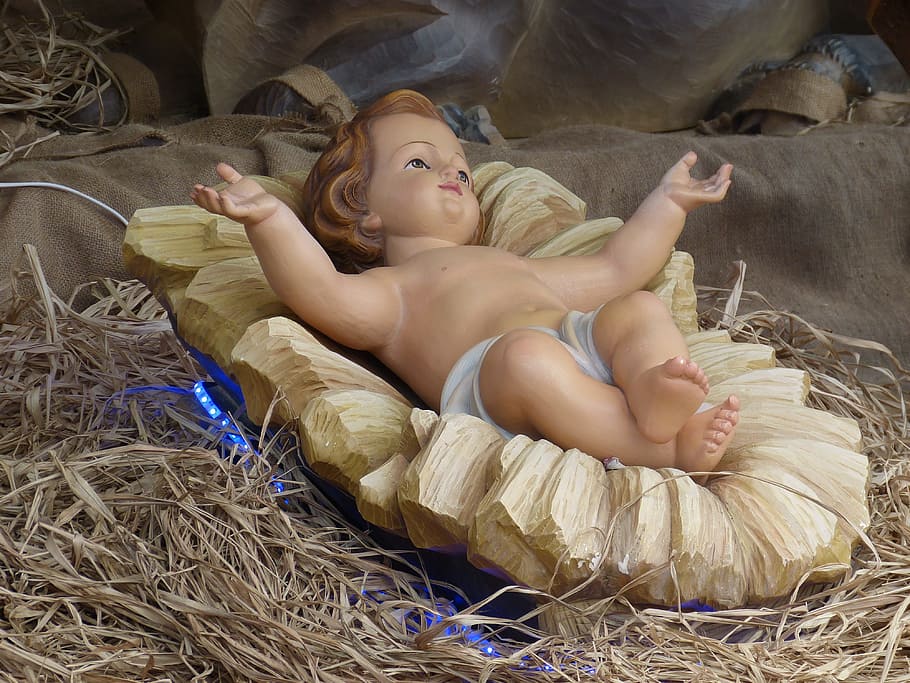fotografia, cerâmica, estatueta, bebê Jesus, pai natal, presépio, natal, jesus, advento, decoração