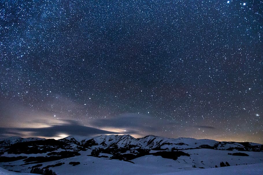 cielo, lleno, estrellas, montañas nevadas, paisaje, foto, montaña, invierno, oscuro, noche