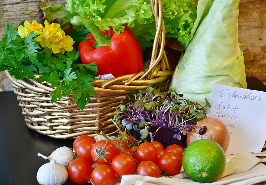 assorted-color fruits, inside, basket, black, table, vegetables, purchasing, market, farmers local market, tomatoes