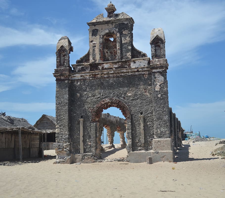 Dhanushkodi, Tamil Nadu, India, abandoned town, st anthony's church, architecture, building exterior, religion, built structure, history