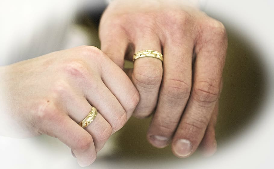 comunidade, casamento, anéis, sorte, família, parceria, dois, juntos, mão humana, mão