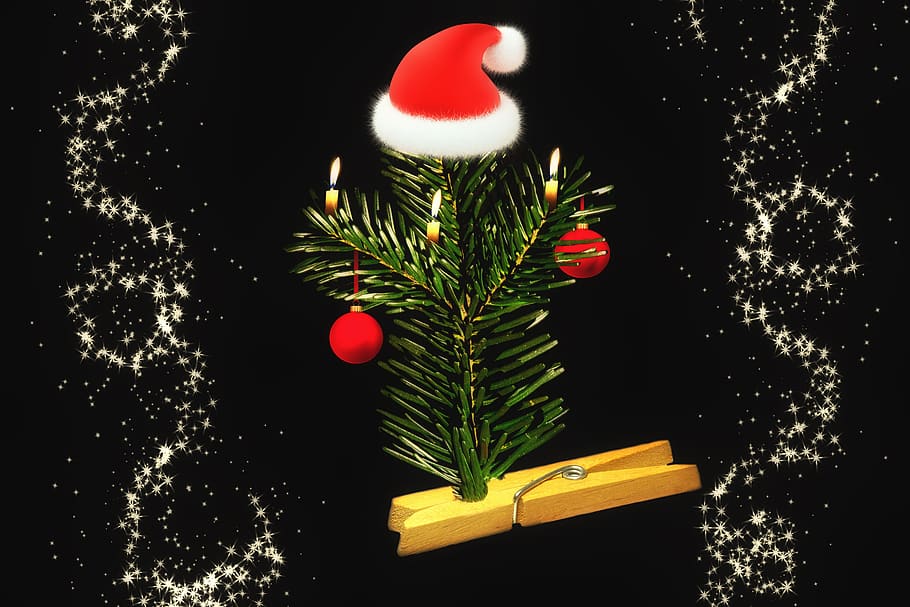 christmas, branch, composing, small, candles, christbaumkugeln, decoration, santa hat, december, celebration
