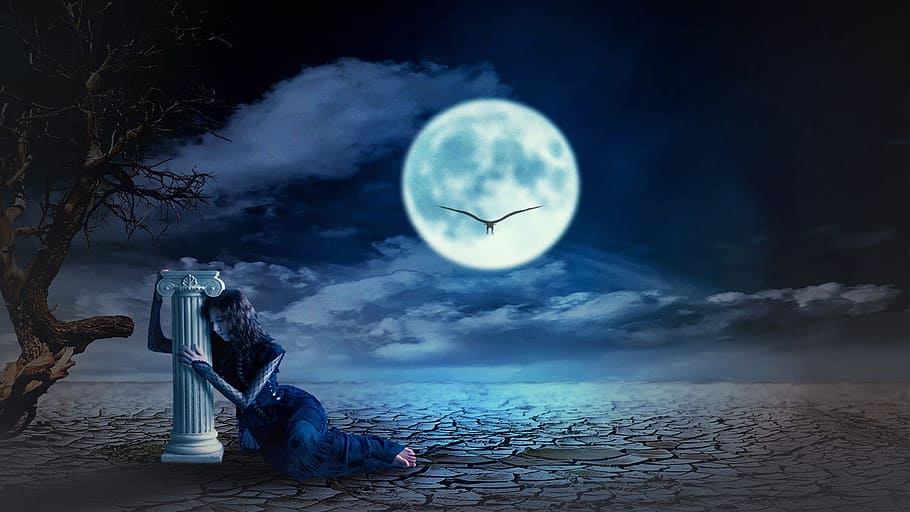 woman, pillar painting, midnight fantasy, photo manipulation, moon, sky, water, nature, night, sea