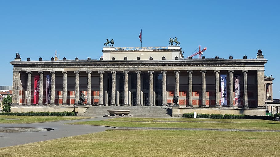 old museum, museum, berlin, architecture, flag, sky, clear sky, government, city, building exterior