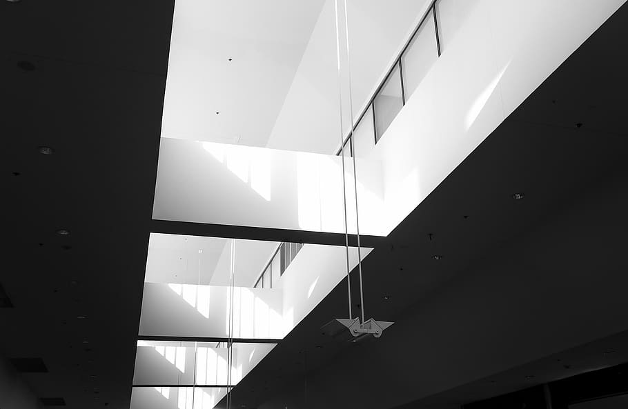 building interior, architecture, building, infrastructure, black, white, black and white, modern, indoors, window