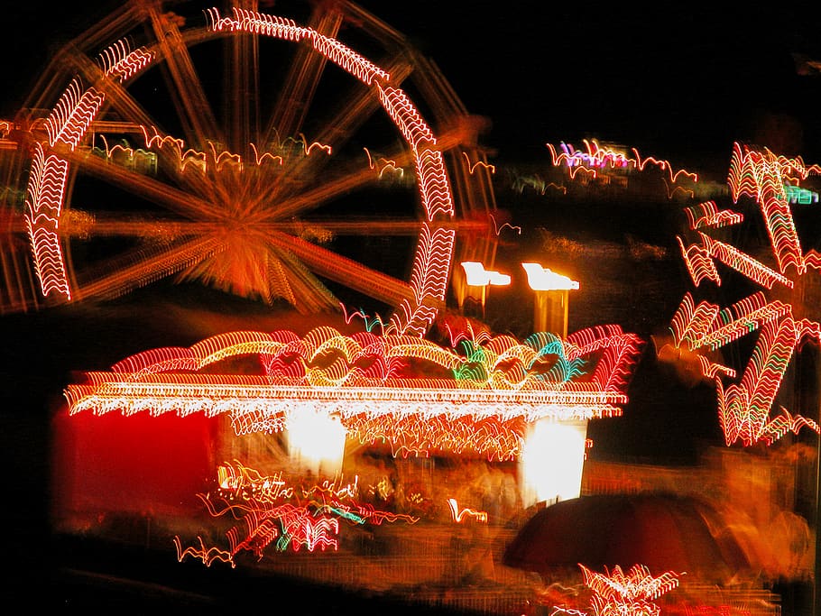 fair, amusement, park, fairground, night, carnival, ride, blur, abstract, fun