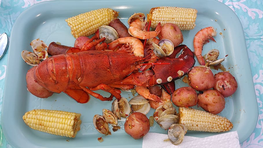 lagostas, camarão, frutos do mar, comida e bebida, comida, frescura, alimentação saudável, milho, bem-estar, crustáceo