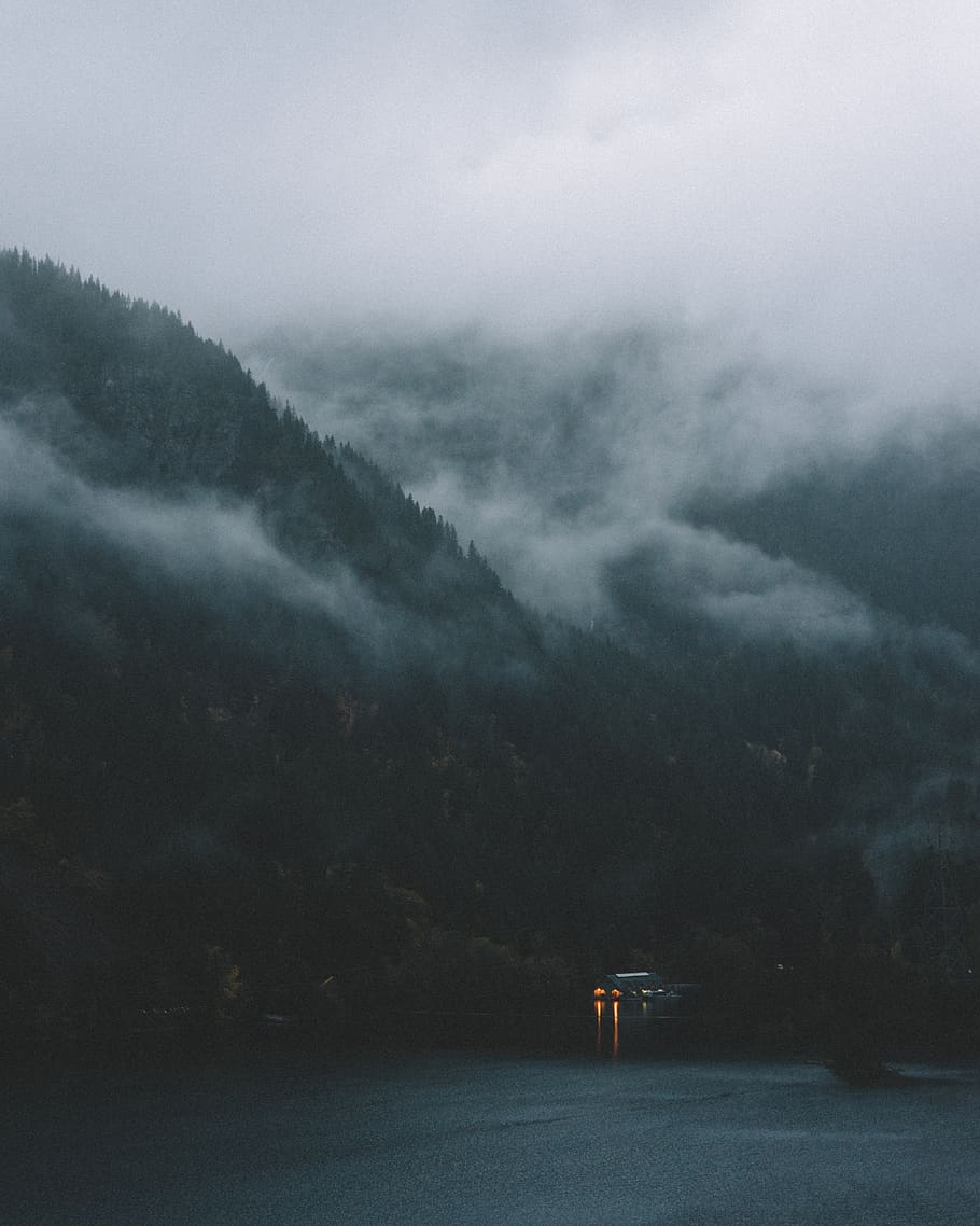 lake, water, tree, plant, nature, forest, reflection, mountain, fog, cold