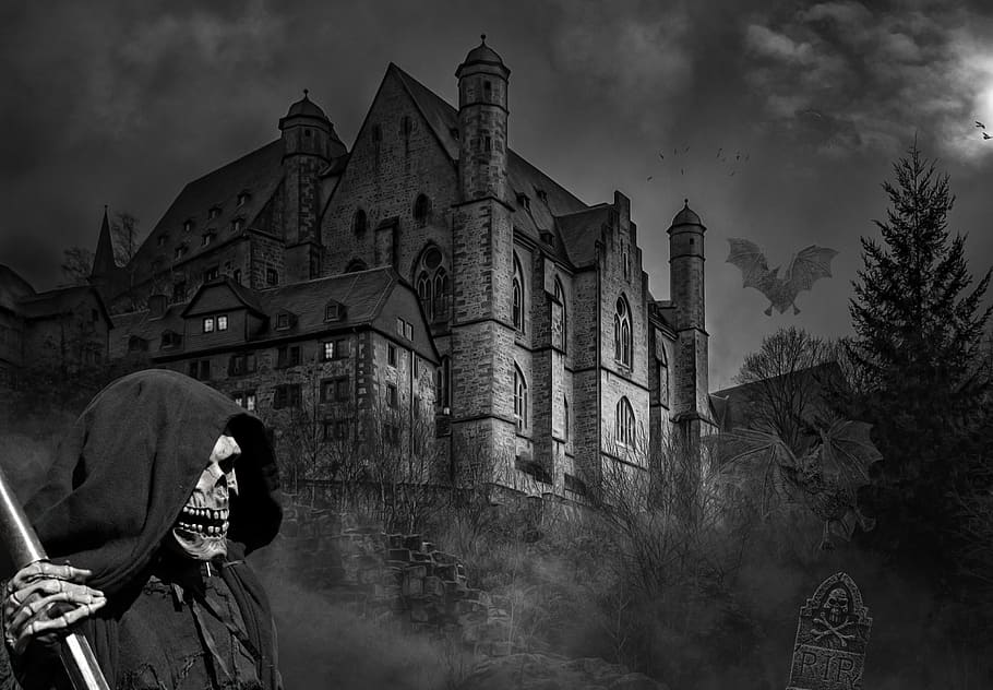 grayscale photo, castle, ghost castle, darkness, weird, mystical, moonlight, gloomy, night, creepy