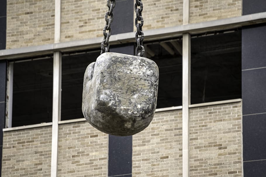 wrecking ball, construction, demolition, building, office, demolished, site, hanging, built structure, architecture