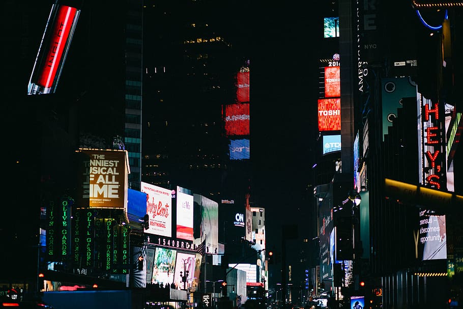 sinalização de rua, novo, york, tempos, praça, arquitetura, construção, infraestrutura, escuro, noite