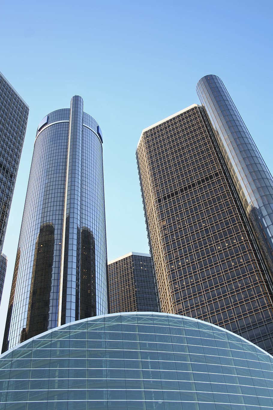 buildings, detroit, Buildings, Detroit, general motors headquarters, skyscrapers, modern, skyscraper, clear sky, blue, sky