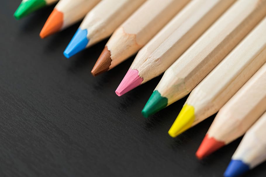 colored, pencils, close, Colored Pencils, Row, Black, Desk, Close Up, colorful, coloring