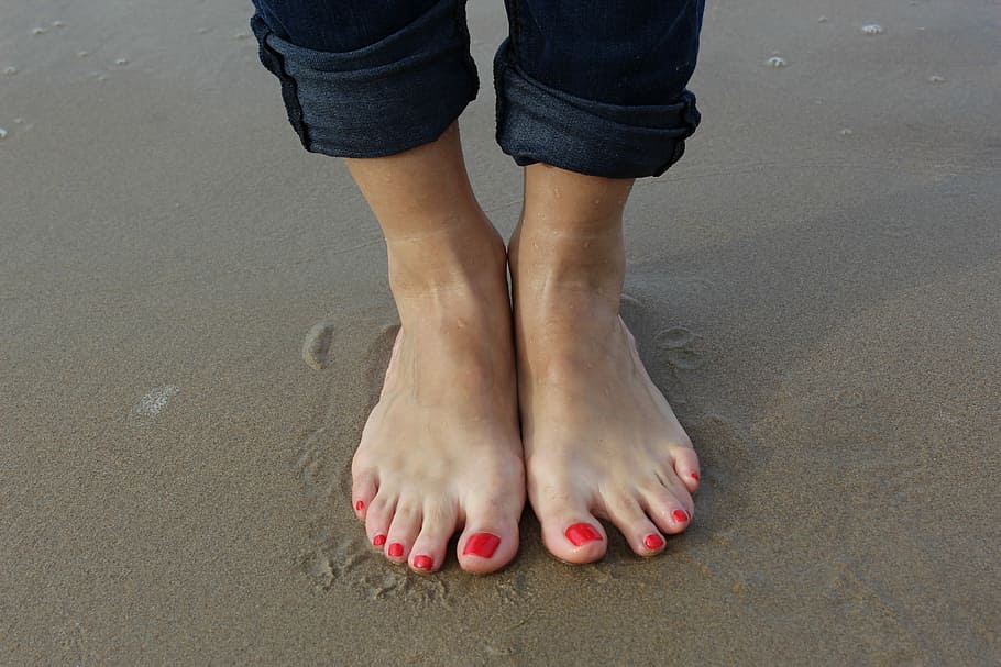 person, standing, brown, wet, sand, beach, holiday, wellness, feet, bless you