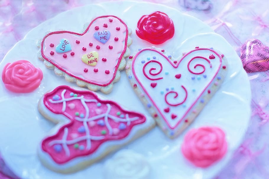 three heart cookies, valentine's day, valentine cookies, holiday, love, celebration, heart, pink, red, white