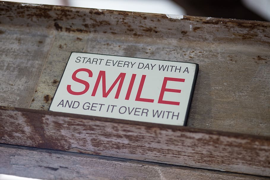 Smile, Sign, Metal, Words, saying, motivation, text, communication, red, close-up