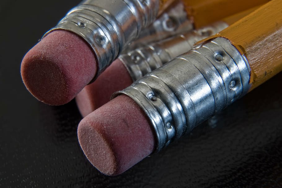 pencil with erasers, pencil, pencils, eraser, school supplies, office supplies, close-up, focus on foreground, indoors, metal