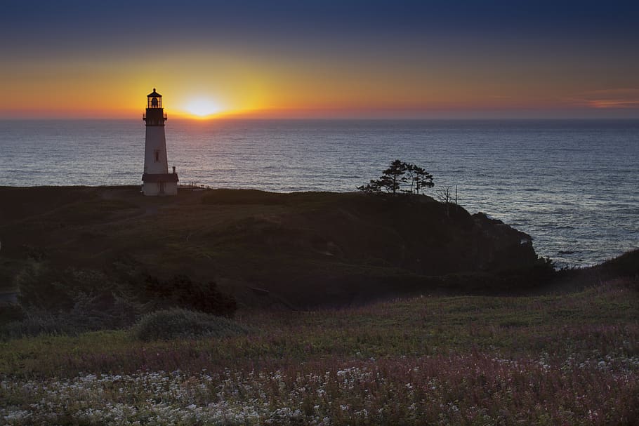 lighthouse, landscape, sunset, ocean, sea, shore, coast, nature, landmark, sunrise