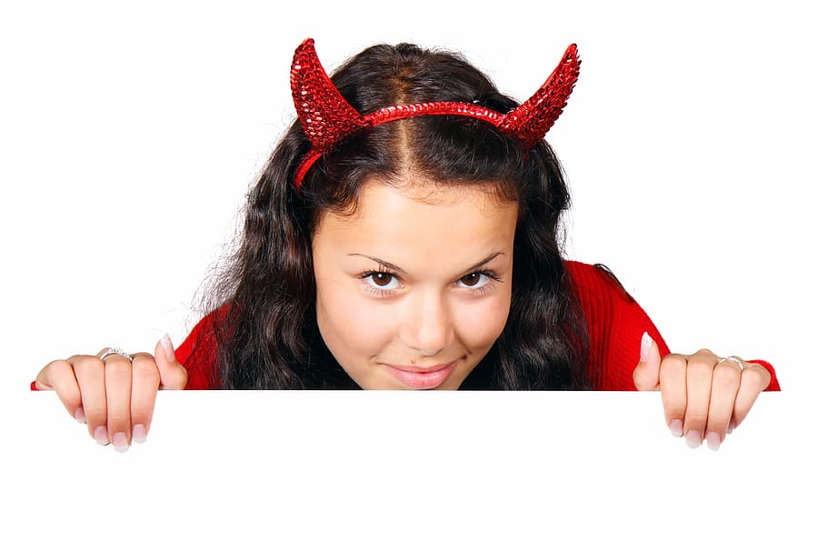 woman, wearing, red, shirt, devil headband, costume, demon, devil, board, female