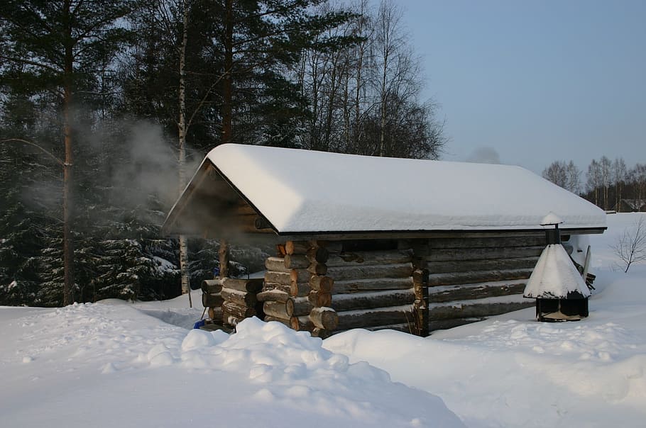 Smoke Sauna, Size, Image, Forest, Winter, size image, snow, wooden, cold temperature, weather