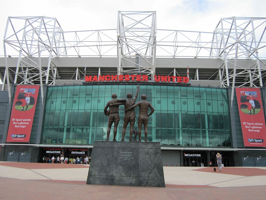 three, person statue infront, commercial, building, Manchester United, Football, manchester, united, sport, old trafford