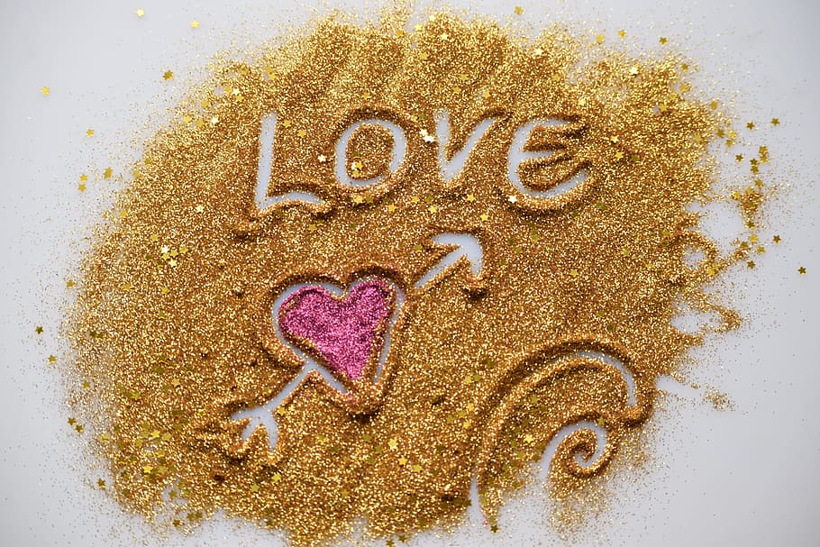 gold-colored glitters, heart, pretty girl, love, red, holiday, romance, celebration, card, romantic