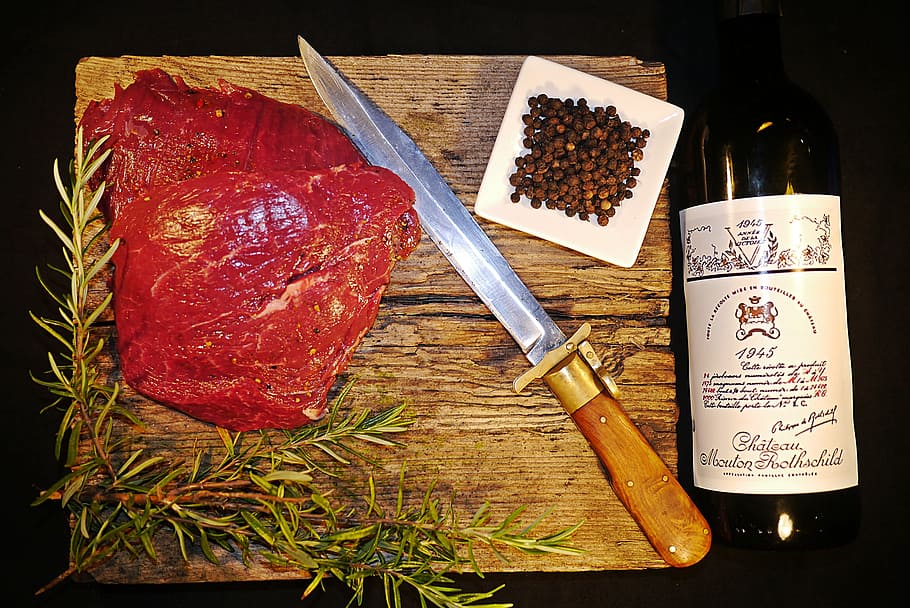 Drink, Wine, Rosemary, Meat, food, healthy eating, black background, freshness, studio shot, food and drink
