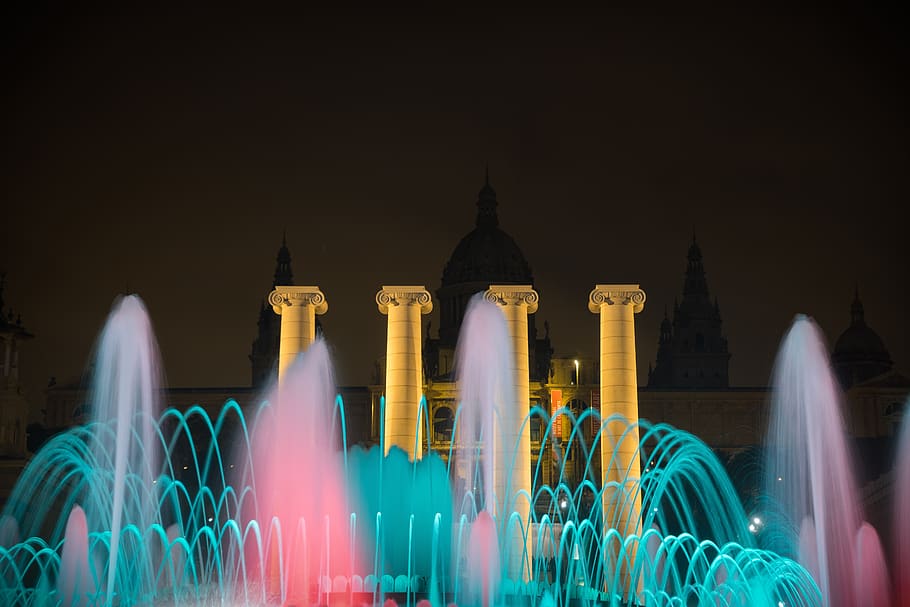 magic fountain, montjuic, source, architecture, catalunya, barcelona, city, scene, colorful, show