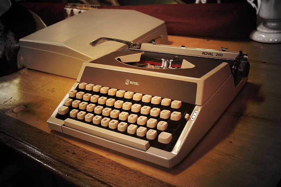 cinza, marrom, mesa, máquina de escrever, alfabeto, antiguidade, personagem, equipamento, teclado, mecânico